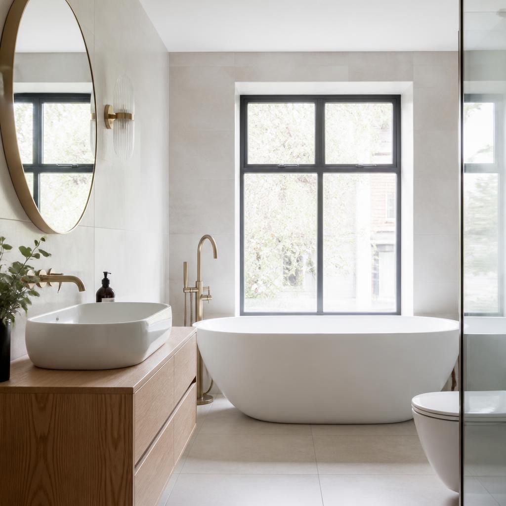 Modern bathroom with a clean white basin and bath